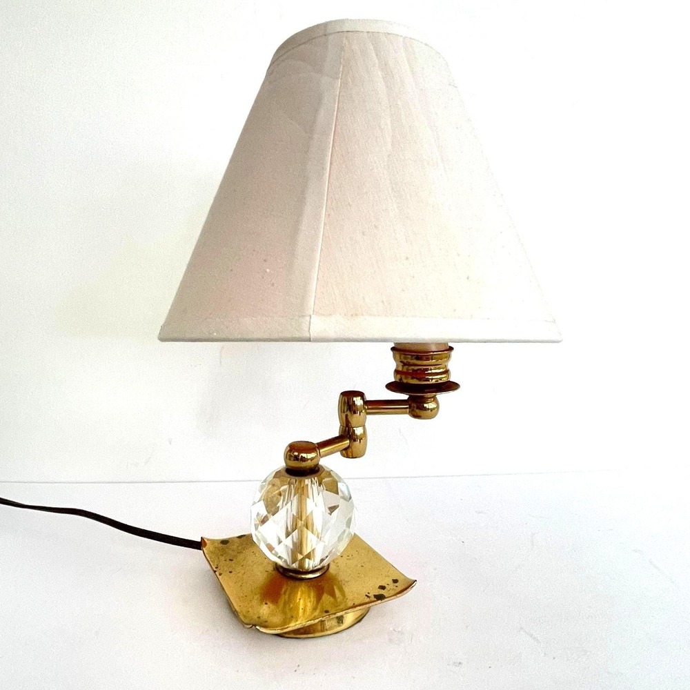 Vintage Mid Cenury Tower Craftsmen Brass Swing Arm Table Lamp Crystal Orb Base